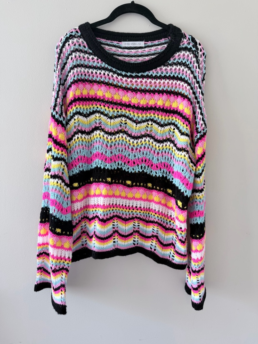 Miss Sparkling Multicolor Striped Open Knit Sweater - Black, Pink & Yellow